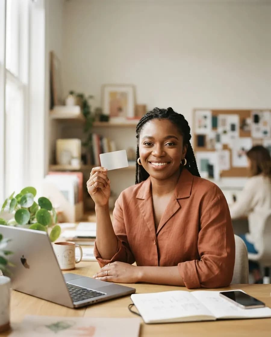 An agency owner holding a business card at her desk