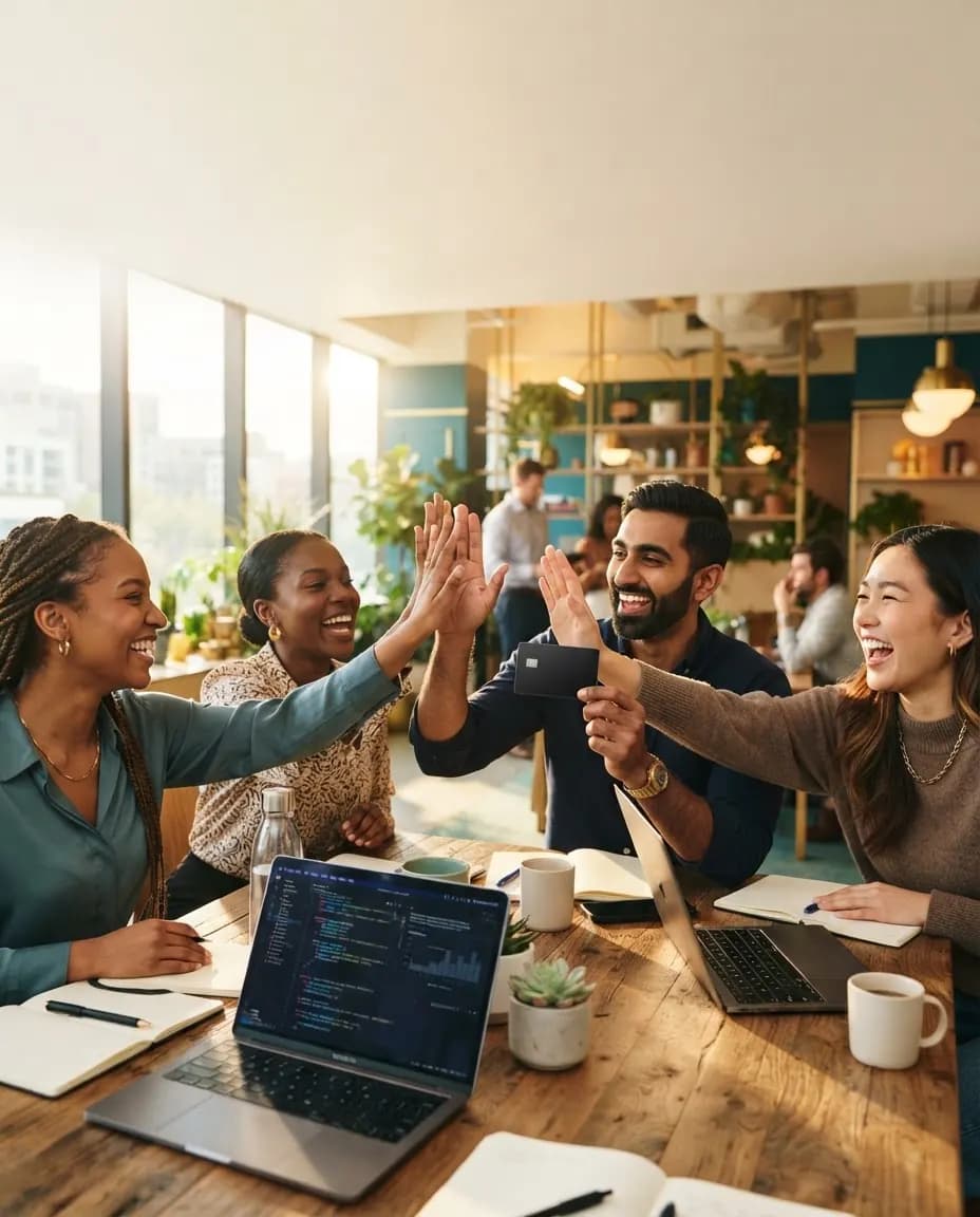 A software team celebrating around their laptops